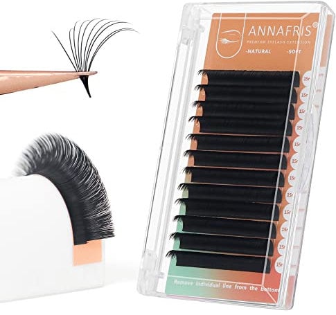 ANNAFRIS Easy Fan Eyelash Extension Automatic 1S Flowering 0.07 C Curl 14mm Individual False Lashes Natural Soft Matte Black Volume Lash Extensions(0.07 C, 14mm)