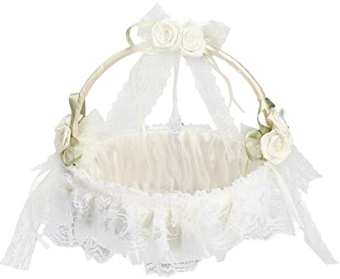 Blumenkorb Hochzeit Weiß, Wedding Flower Girl Basket Korb Hochzeit Groß mit Spitzenrand Romantischer Blumenmädchen Korb Gross für Tischdeko, Hochzeitsfotografie Requisiten