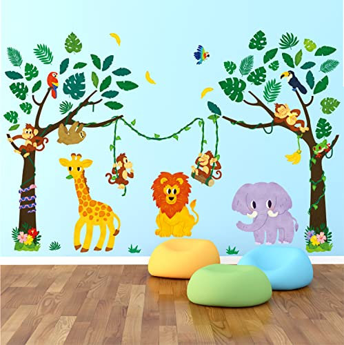 DECOWALL SG2-2209 Wandtattoo Dschungel Waldtiere Baum Wandaufkleber Elefant AFFE Giraffe Wandsticker Babyzimmer Kinderzimmer Schlafzimmer Wanddeko