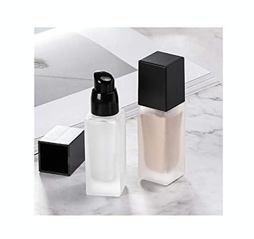 2 Pack 20ml/0.7oz Empty Frosted Glass Foundation Bottle, Travel Refillable Square Lotion Pump Bottles for Essential Oils Liquid Body Cream Cosmetic Foundation Samples Vials Emulsion Essence Container