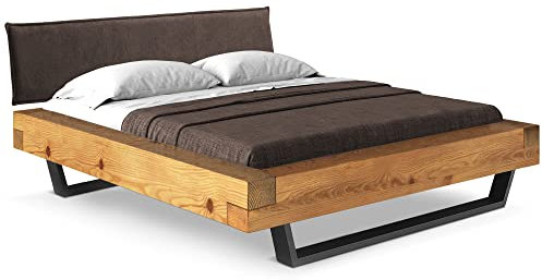 moebel-eins CURBY Balkenbett mit Polster-Kopfteil, Kufenfuß, Material Massivholz, 200 x 220 cm, Natur, Stoff Braun