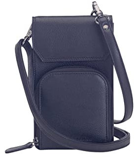 Josephine Osthoff Handy Umhängetasche mit Vortasche für Kopfhörer, handgemacht aus 100% Echtleder, Crossbody Schultergurt, 4 Kartenfächer, Farbe:Marine