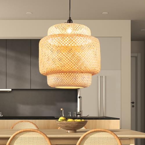 RELAX4LIFE Pendelleuchte, Höhenverstellbare Hängeleuchte mit Gewebtem Bambus-Lampenschirm & E27 Sockel, Retro-Hängelampe für Wohnzimmer, Esszimmer, Flur & Küche, D40cm, Natur