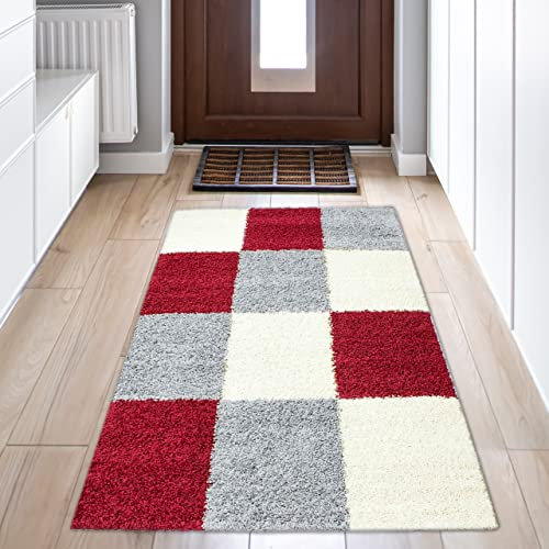 Flauschiger Shaggy-Teppich Hochflor mit Karomuster in rot grau Creme 80x150cm