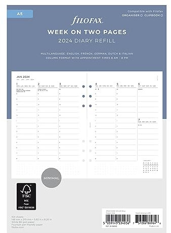 Filofax Kalender-Tagebuch-Nachfüllpackung, A5, Wochenansicht mit Terminen, minimales Tagebuchpaket, vertikal, weißes Papier, mehrsprachig: Fünf Sprachen, 2024 (C68593-24)