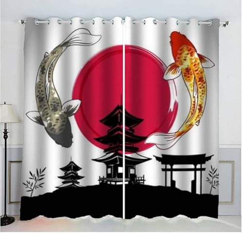 Sepustas Style Japonais Rideau Occultant Lot de 2 Chambre Enfant Fille Garcon 3D Impression Poisson d'art Japonais Motif Rideaux Acoustiques Opaque Petites Fenêtres Décoration （140x160 cm）