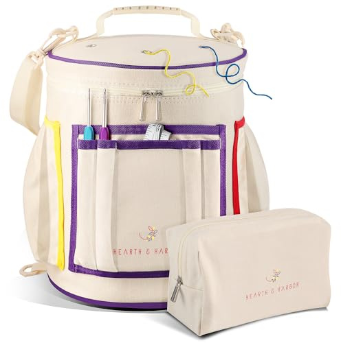 Hearth & Harbor Häkeltaschen-Organizer – langlebige Stricktasche, Garn-Organizer für Häkelzubehör und Zubehör, Segeltuch-Garn-Tasche, Häkel-Organizer mit Zubehörtasche, Garnaufbewahrungs-Organizer