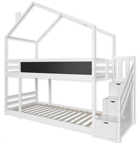 XINZI Kleinkindbetten Kinder Baumhaus mit Rausfallschutz Zaun Speicherung Treppen & Lattenrost 97x245x222cm Kinderbett ohne Matratze Massivholz Hausbett für Mädchen und Jungen ab 6 Jahren