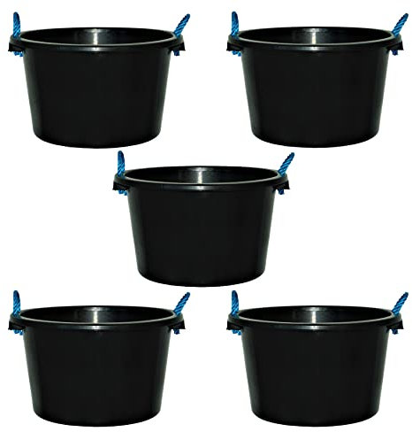 45L Litre Black Heavy Duty Multipurpose Plastic Tub Bucket Planter With Rope Handles Muck Bucket Open-Top Storage Round Utility Tub for Indoor or Outdoor Home Garden - Made In UK (5 QTY, 45 Litre)