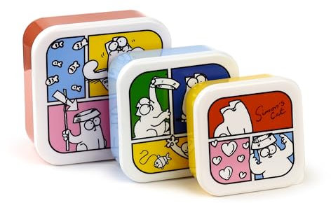 Puckator Set of 3 Lunch Box S/M/L Simon's Cat 2024 - Lunchbox With Multi Compartments - Small Food Containers - Lunchbox for Adults and Kids - Girls Boys Lunchbox - Snack Storage