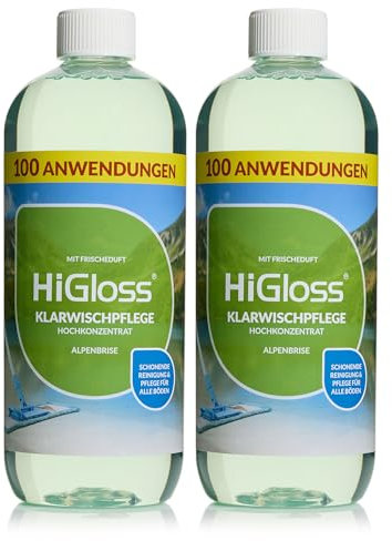 HiGloss Klarwischpflege Hochkonzentrat 2x 1000ml Wischroboter geeignet Bodenreiniger, schonend zu allen Böden, Laminatboden, Fliesenboden & Korkboden, streifenfrei Alpenbrise