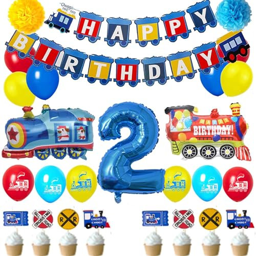 Decoraciones de fiesta de cumpleaños de tren, decoraciones azules, amarillas y rojas con guirnalda de globos de ferrocarril, pancarta de cumpleaños de tren, globos de tren, adornos para cupcakes de