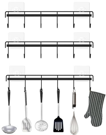 FULUDM Wall Utensil Hanger for Kitchen Rail - 3 Pack Wall Mounted Adhesive Hanging Holder Rack Organizer with 6 Hooks No Drilling (Black)