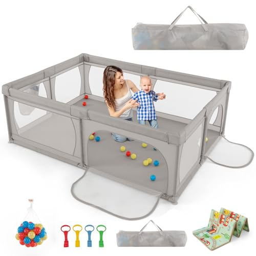 COSTWAY 205 x 147cm Laufstall baby mit Matratze, Laufstall baby faltbar, Laufgitter mit 50 Bällen, 2 Türen, atmungsaktivem Netz & Reißverschluss, Laufgitterzelt für Säuglinge & Kinder (Grau)