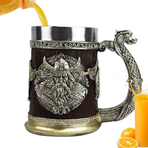 Wikinger-Becher – Vintage-Barbecher Aus Kunstharz, Nordisches Drakkar-Bier | Bierkrug Im Holzstil Mit Einzigartigem Bronze-Finish, Fassbecher Im Holzimitat Für Ba , Zuhause Und Küche, 9,5 X 14,9 X 16