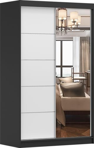 Fabryka Mebli Idźczak Kleiderschrank mit Spiegel, Wohnzimmerschrank - Schwarz, Weiß Schwebetürenschrank, Schlafzimmerschrank - 61 x 120 x 200 cm - Schrank für Schlafzimmer, Wohnzimmer, Garderobe