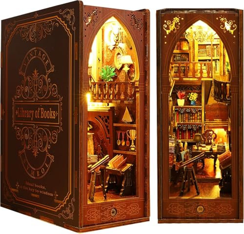 Blumacht DIY Book Nook Kit - Bibliothek der Bücher, Miniatur-Puppenhaus-Bausatz mit LED-Licht, 3D Puzzle Buchstütze aus Holz, Kreative Geschenkidee für Erwachsene und Jugendliche ab 14 Jahren