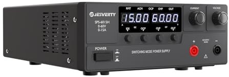 Fuente de Alimentación Regulable, 0-60V 0-15A Conmutación de CC regulada Fuente de alimentación de banco con mando codificador, interruptor de encendido/apagado de salida, OVP y OCP Jesverty SPS-6015H