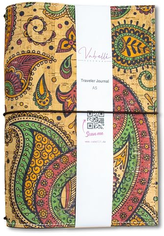 Travelers Notebook, paisley, Kork, nachfüllbar, versch. Größen, A5, Platz für 2 Hefte, mit Notizheften erhältlich (hochwertiges 120g Papier), handmade