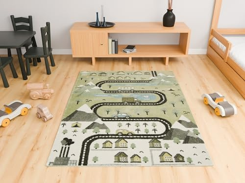 AKCILA Lima Kinderteppich Grün Creme mit Straßen und Autos 100x150 cm | Wunderschön Teppich für Kinderzimmer, pastellfarbenes Straßen Design, Kinderteppich in verschiedenen Größen erhältlich