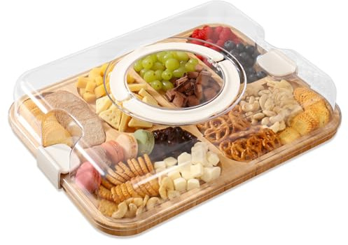 Khinya Charcuterie Board with Cover - Portable Cheese Board for Travel, 6 Compartments Cream