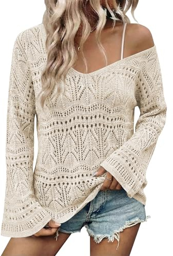 Cakulo Womens Spring Summer Off Shoulder Crochet Boho Tops Lightweight V Neck Sweaters 2026 Vacation Cruise Apricot M
