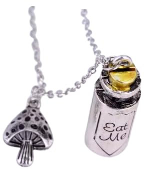 CrownOfRibbons Alice in Wonderland Charm Necklace, Eat Me Bottle and Mushroom Pendants