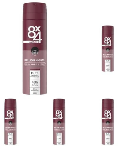8X4 Men Million Nights Deospray, Deospray für Männer mit orientalischen Duftnoten, Deo ohne Aluminium (ACH) mit 48h zuverlässigem Schutz (150 ml) (Packung mit 5)