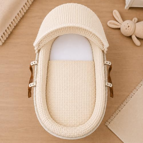 For Your Little One Moses Basket Bedding Set – Waffle & Dimple Designs with Hood, Quilt & Bumper | Soft & Breathable (Moses Basket Not Included!) (Waffle, Cream)