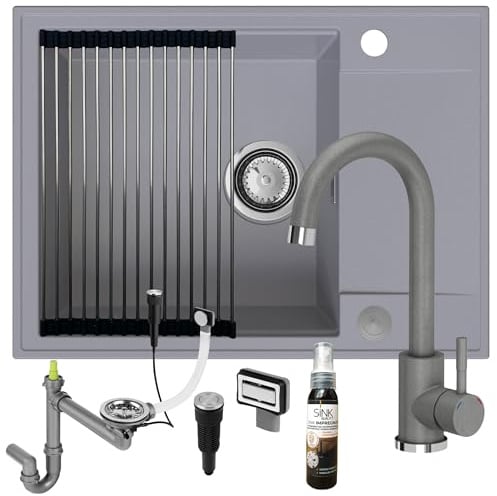 SINK QUALITY Spülbecken grau mit Armatur Set 62x46 - Spüle mit wasserhahn, Siphon PUSH, Abtropfgestell, Imprägniermittel - Küchenspüle Komplettset für 55er Unterschrank