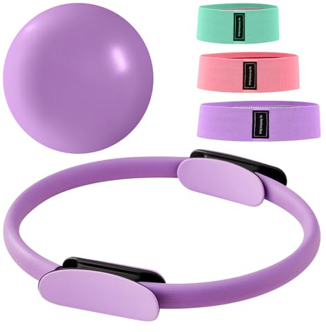 Generisch 14 Zoll Pilatesring Set mit Widerstandsbändern & Ball - Magic Circle mit Memory-Schaum Griffen, Über 200 Übungen, Rutschfester Miniball, Für Pilates, Fitness & Rehabilitation (Lila)