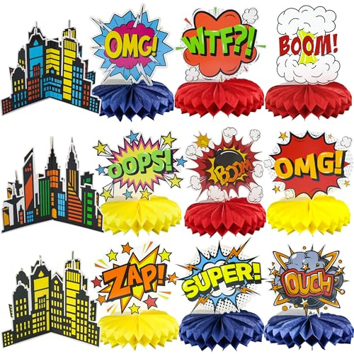 Gyufise 12Pcs Hero Party Decoration Hero Honeycomb Centerpieces 3D Table Topper Paper Large Word Centerpieces Fun Action Sign Standing Card for Birthday Baby Shower Decor Supplies