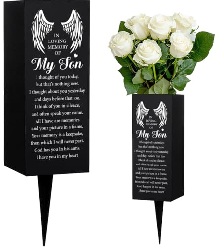 WEBEEDY Son Memorial Cemetery Vases for Grave with Spikes Angel Wing Pattern Grave Decorations for Cemetery, Memorial Day Vases Funeral Sympathy Gift for Loss of Son, 3.1x7.9 Inch, 1 pc
