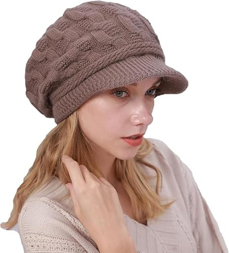 AYPOW Damen Winter Strick Slouchy Mütze mit Visier, Baskenmütze, Fleece Gefütterte, Warme Wintermütze mit Krempe, Pullover-Gehörschutzmütze, Newsboy-Mütze, Tägliche Winter Outdoor Mütze für Damen