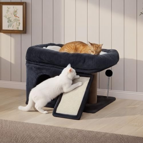 Skylos Cat Tree Tower, 50×40cm Large Perch Bed for Indoor Cats, Climbing & Scratching Board with Sisal Post, Plush Pad, Soft Cushion & Interactive Ball, Grey