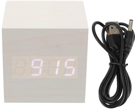 NUOBESTY LED Holzwecker mit Temperaturanzeige, USB Strom und Dualanzeige | 1 Stück, Quadratisches Design, Holzmaserung, für Küchenarbeitsfläche und Arbeitsräume, mit USB Kabel