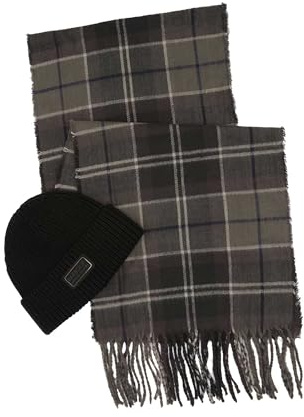 Barbour International Sweeper Beanie und Schal, Geschenkbox, Schwarz, Karomuster