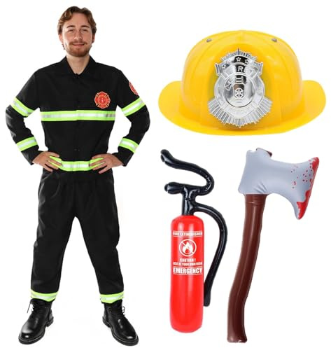 Adults Fire Fighter Costume - Fireman Uniform with Reflective Detail, Yellow Helmet, Inflatable Fire Extinguisher, Inflatable Axe - Funny Stag Do Fancy Dress Costume