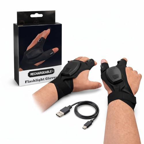 Rechargeable LED Glove Lights for Hands – Hands Free Finger Light Torch Gloves for DIY, Mechanics, Fishing, Camping & Repairs – USB Rechargeable, One Size, Pair