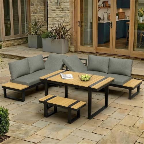 kozamas Gartenmöbel Set 6-7 Sitzer Lounge-Sofa mit großem Tisch, wetterfest & UV-beständig, hochwertige Sitzkissen für Balkon Terrasse Garten, Grau