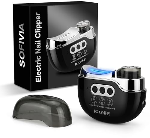 SOFIVIA Electric Nail Clippers for Fingernails & Toenails, Automatic Trimmer with Shavings Collector & LED Light, 4 in 1 Trim Grind Polish, 3 Adjustable Speeds, USB Rechargeable for All Ages (Black)