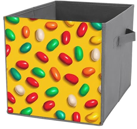 Jubonexis Bunte Bonbons auf gelbem Würfel, Aufbewahrungswürfel, faltbar, dekorative Stoff-Aufbewahrungskörbe, Heim-Organizer mit Griffen für Regale, Schrank, 27 x 27 cm