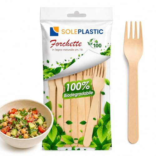 100 Forchette Legno di Betulla 16 cm RESISTENTI - Posate Bio Compostabili e Biodegradabili - Forchette Naturali per Asporto, Catering, Buffet, Feste e Cibo Caldo