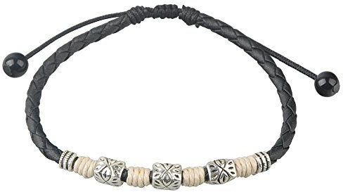 Bracelet de cheville en cuir tressé noir avec perles argentées gravées et fil beige – Bracelet bohème réglable 23 cm / 9 pouces pour homme et femme