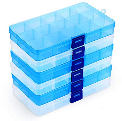 Sortierboxen für Kleinteile,6 Stück Aufbewahrungsbox aus Kunststoff für Schmuck mit 15 Gitter Verstellbare Fächer, Transparent Sortimentskasten für Schmuck Ringe Ohrringe Perlen und Andere Mini Waren