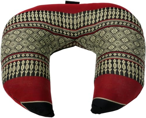Nackenkissen, halbrunde Thai Nackenstütze mit Kapok, rot/schwarz/grau | Traditionelle Webmuster, ergonomische Form, ideal zum Entspannen, vielseitig einsetzbar.