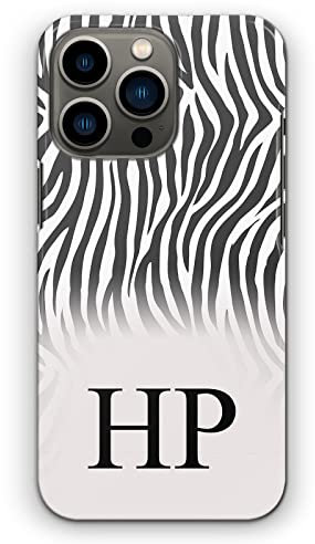 Personalised Initials Phone Case For Apple iPhones, 16, 15, 14,13, 12, 11, Pro Max, Mini, XR, SE Black Monogram, Initials on Black and White Zebra Print Hard Phone Cover