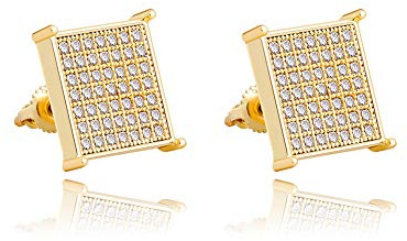 TOPGRILLZ 925 Sterling Silver Iced out Men 14k Gold Square Kite Screw Back Hypoallergenic Stud Earrings with Simulated Diamond