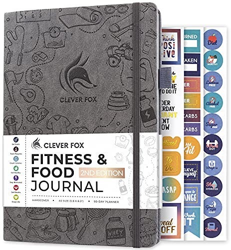 Clever Fox Fitness & Food Journal – Nutrition & Workout Planner for Women & Men – Diet & Gym Exercise Log Book with Calendars, Diet & Training Trackers - Undated, A5, Hardcover (Grey)
