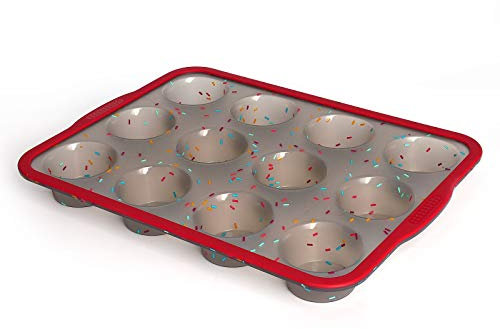 Aichoof 12 Cup Silicone Muffin Tray, Non-Stick Muffin Tins Baking Mould, Easy to use Muffin Pan(Red-Translucent Grey)